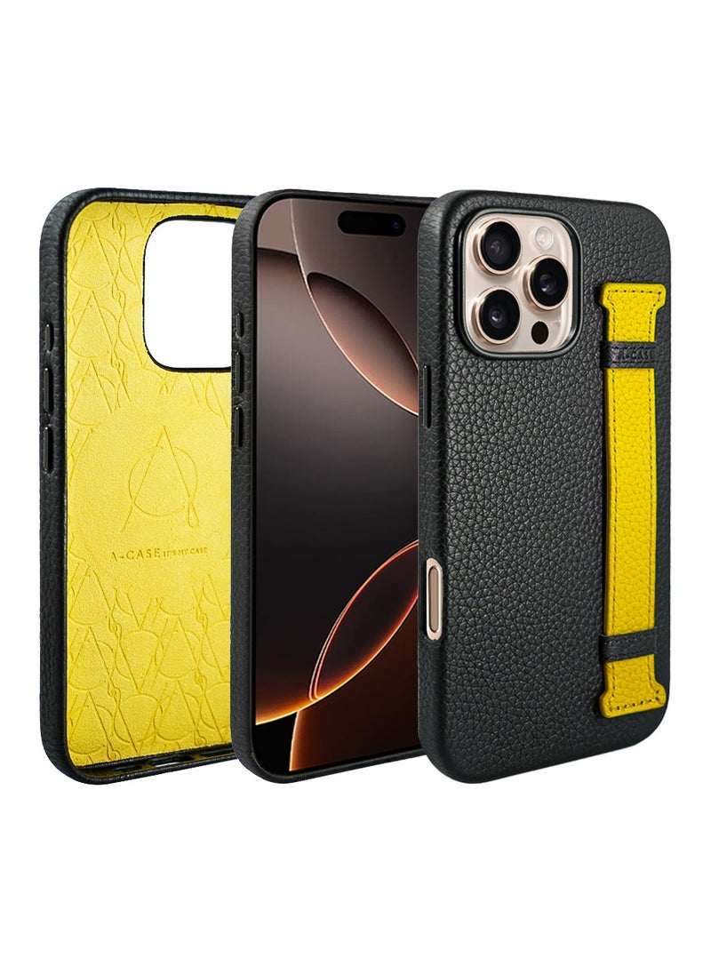A-CASE - A-Case itsmycase Series Amur Pro Made of 100% Genuine Leather in addition to The Strap Used As Stand Compatible with iPhone 16 Pro Max - Black Yellow - Image 1