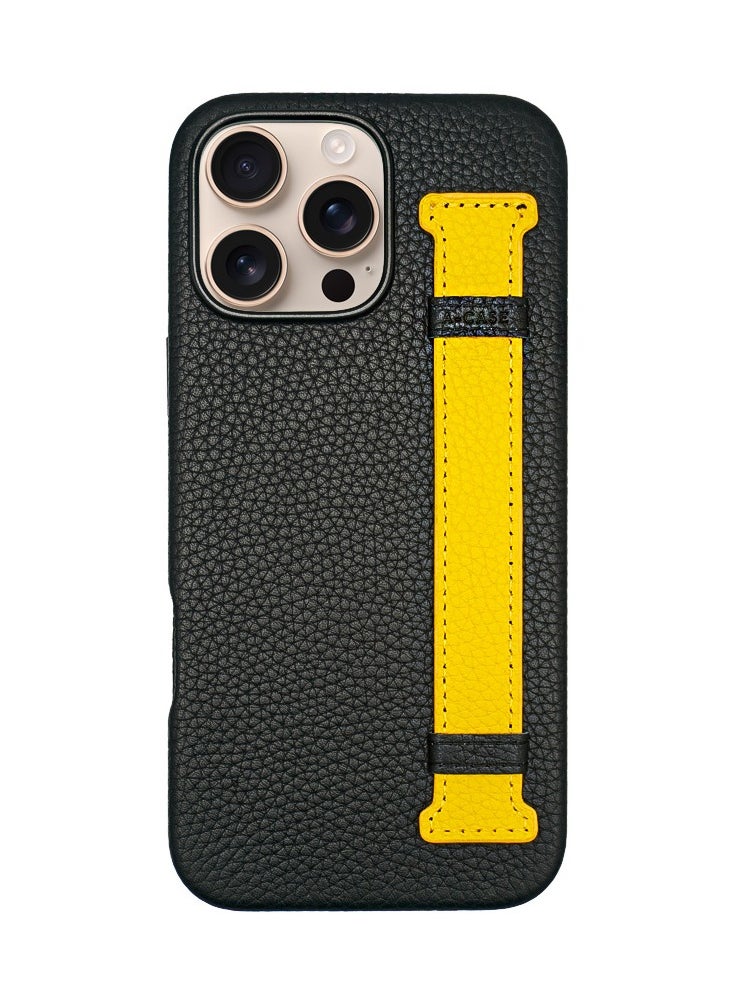 A-CASE - A-Case itsmycase Series Amur Pro Made of 100% Genuine Leather in addition to The Strap Used As Stand Compatible with iPhone 16 Pro Max - Black Yellow - Image 1