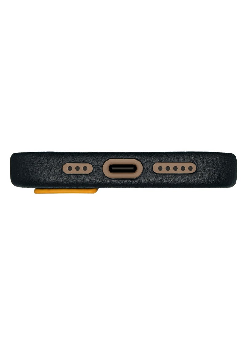 A-CASE - A-Case itsmycase Series Amur Pro Made of 100% Genuine Leather in addition to The Strap Used As Stand Compatible with iPhone 16 Pro Max - Black Yellow - Image 1