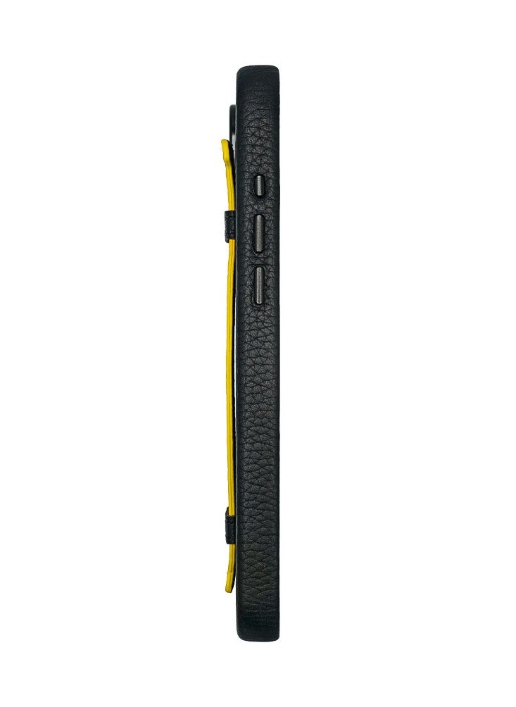 A-CASE - A-Case itsmycase Series Amur Pro Made of 100% Genuine Leather in addition to The Strap Used As Stand Compatible with iPhone 16 Pro Max - Black Yellow - Image 1