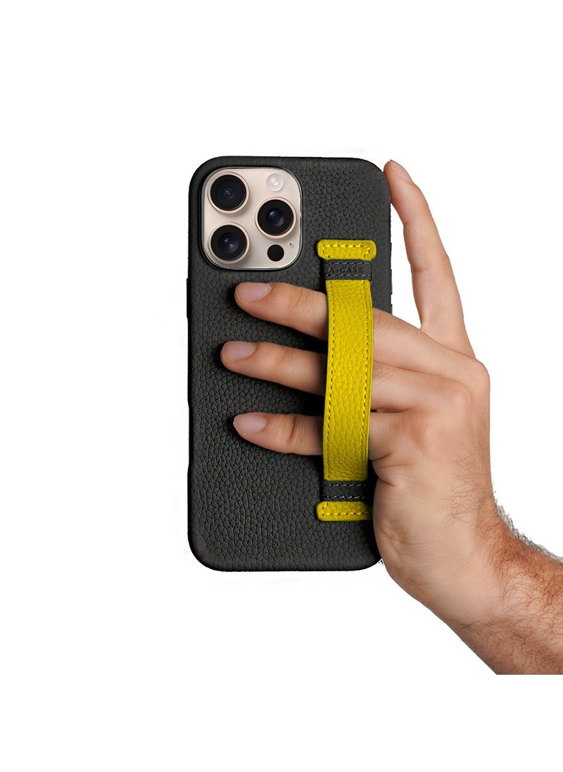 A-CASE - A-Case itsmycase Series Amur Pro Made of 100% Genuine Leather in addition to The Strap Used As Stand Compatible with iPhone 16 Pro Max - Black Yellow - Image 1