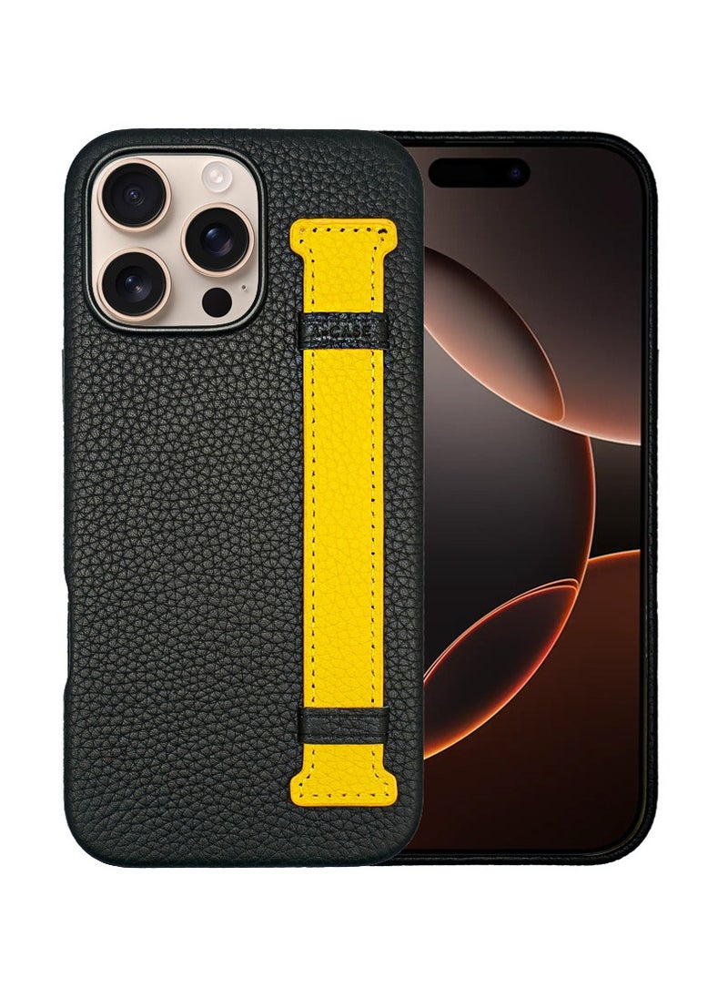 A-CASE - A-Case itsmycase Series Amur Pro Made of 100% Genuine Leather in addition to The Strap Used As Stand Compatible with iPhone 16 Pro Max - Black Yellow - Image 1