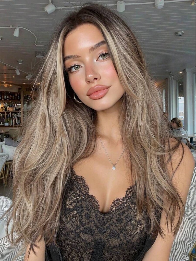 26 Inch Long Straight U-Part Lace Front Synthetic Wig, Brown Mixed With Golden Highlights, Natural Middle Part, Heat-Friendly Daily Wear Wig for  Women