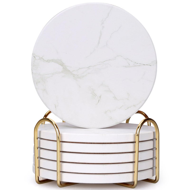 Dksyee Coasters Set of 6 White Marble Style Ceramic Drink Coasters with Holde Coffee Table Decor Drinks Absorbent Stone Coasters for Rustic Farmhouse, Bar, Coffee, Table, Desk, Gifts - Image 1