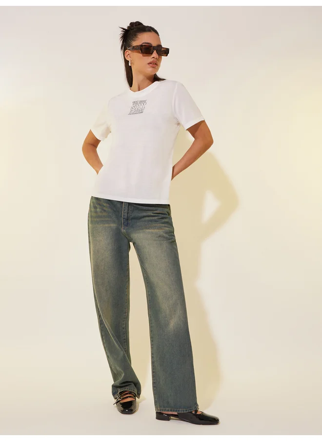 تايك تو Take Two Slogan Print Round Neck T-Shirt