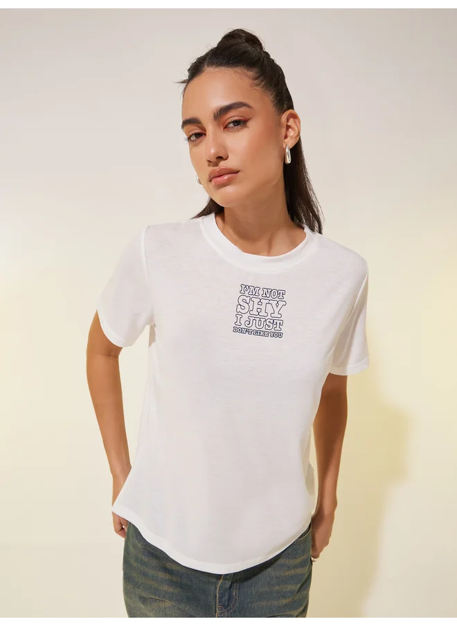 تايك تو Take Two Slogan Print Round Neck T-Shirt