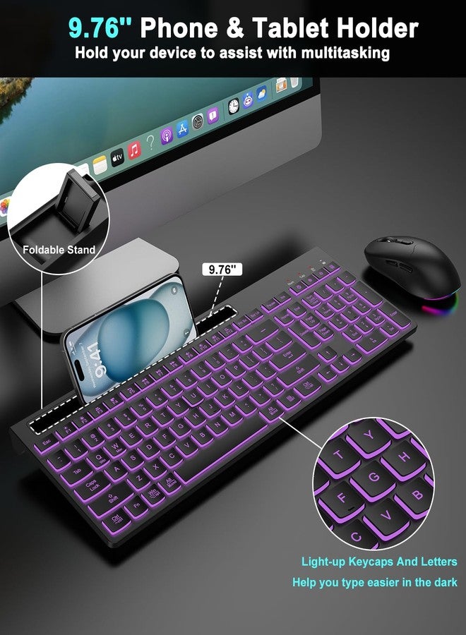 EDJO Wireless Keyboard and Mouse Combo, 7 Backlit Effects, Light Up Letters, Rechargeable, Phone Holder, 6 Button Mouse, Ergonomic Tilt Angle, 2.4GHz Silent USB Keyboard Mouse for Laptop, Computer, PC - Image 4