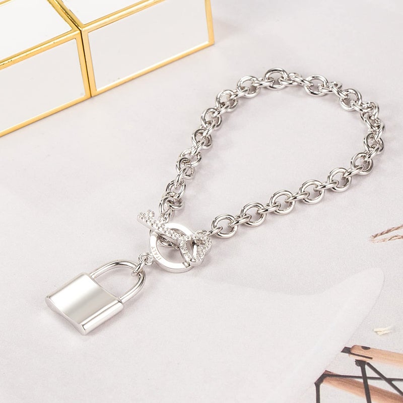 Dankadi Charm Women 925 Sterling Silver Key Lock Pendant Bracelet Fashion Solid Silver Rolo Chain Bangle Fine Jewelry Gift For Wife & Girlfriend (Square lock style, 8 inche) - Image 4