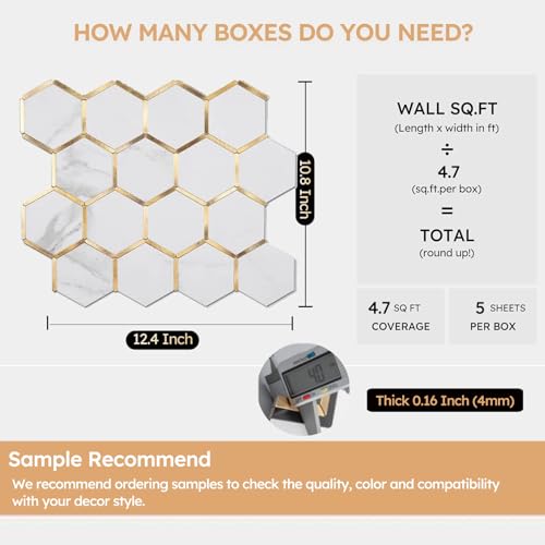 Diflart Peel and Stick Backsplash Hexagon PVC Tile Faux Marble with Gold Metal Strip for Kitchen Bathroom Pack of 5 Sheets - Image 2