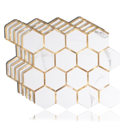 Diflart Peel and Stick Backsplash Hexagon PVC Tile Faux Marble with Gold Metal Strip for Kitchen Bathroom Pack of 5 Sheets - Image 1