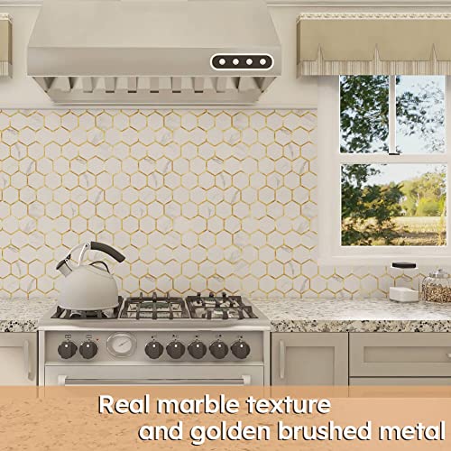 Diflart Peel and Stick Backsplash Hexagon PVC Tile Faux Marble with Gold Metal Strip for Kitchen Bathroom Pack of 5 Sheets - Image 3