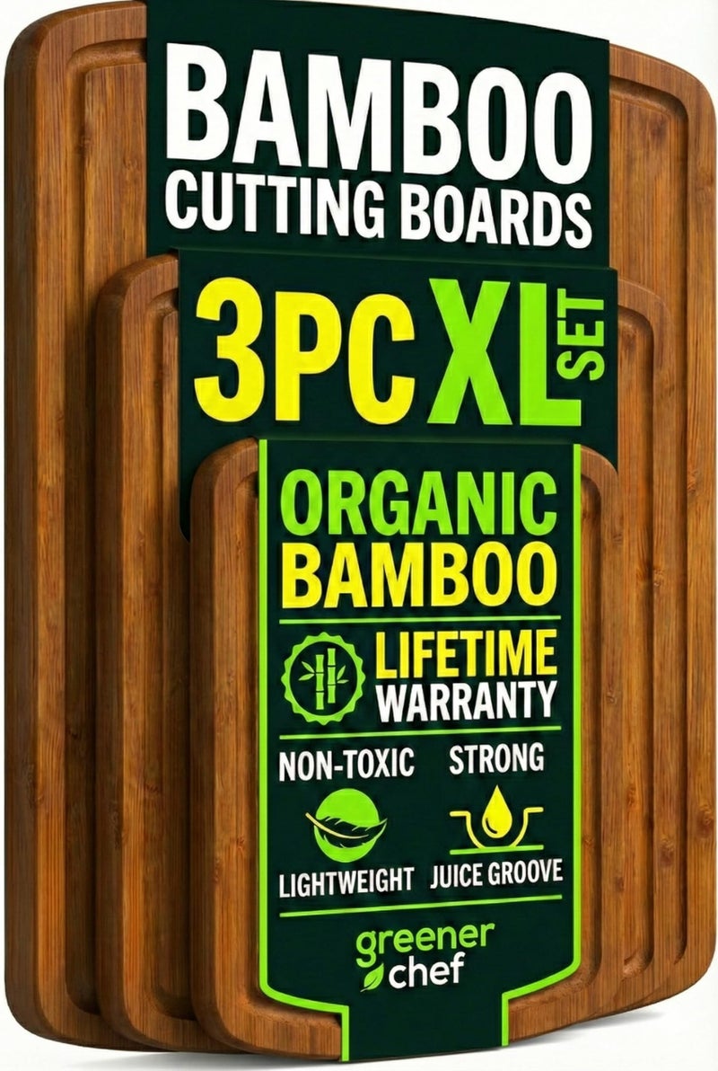 Greener Chef Luxury Bamboo Cutting Board 3-Piece Set with Carbonized Vertical Grain Strength Technology - Extra Large Wooden Cutting Boards for Kitchen with Deep Juice Grooves - Lifetime Replacements - Image 1