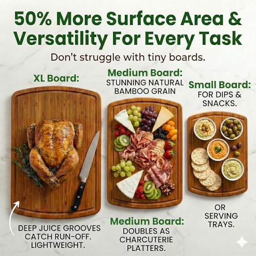 Greener Chef Luxury Bamboo Cutting Board 3-Piece Set with Carbonized Vertical Grain Strength Technology - Extra Large Wooden Cutting Boards for Kitchen with Deep Juice Grooves - Lifetime Replacements - Image 4