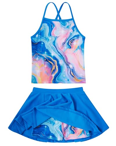 Taubow Kids Girls Swimsuit 5t 6t Size 6 Blue Marble Bathing Suit Tankini with Skirt Adjustable Strap Beach Swimwear - Image 1