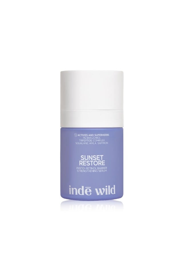 indē wild سيروم indē wild الليلي "Sunset Restore" بتركيز 1% من الباكوتشيول | بديل للريتينول | آمن للاستخدام أثناء الحمل | غني بالسكوالان ومركب ثلاثي الببتيد ومستخلصات الأيورفيدا | يعيد بناء حاجز البشرة ويمنحها إشراقةً وحيويةً. - Image 1