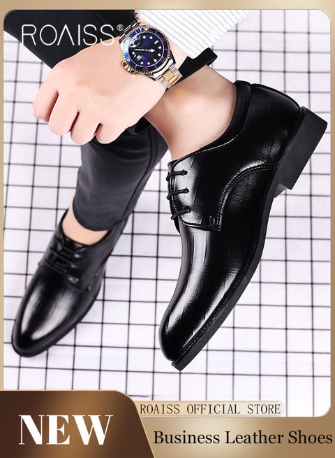 Formal Business Leather Shoes for Men Pointed Leather Shoes with Anti-slip Sole and Lace-up Design Stylish Low Top Shoes Men Business office Dress Shoes Suitable for Formal Occasions Classic Black