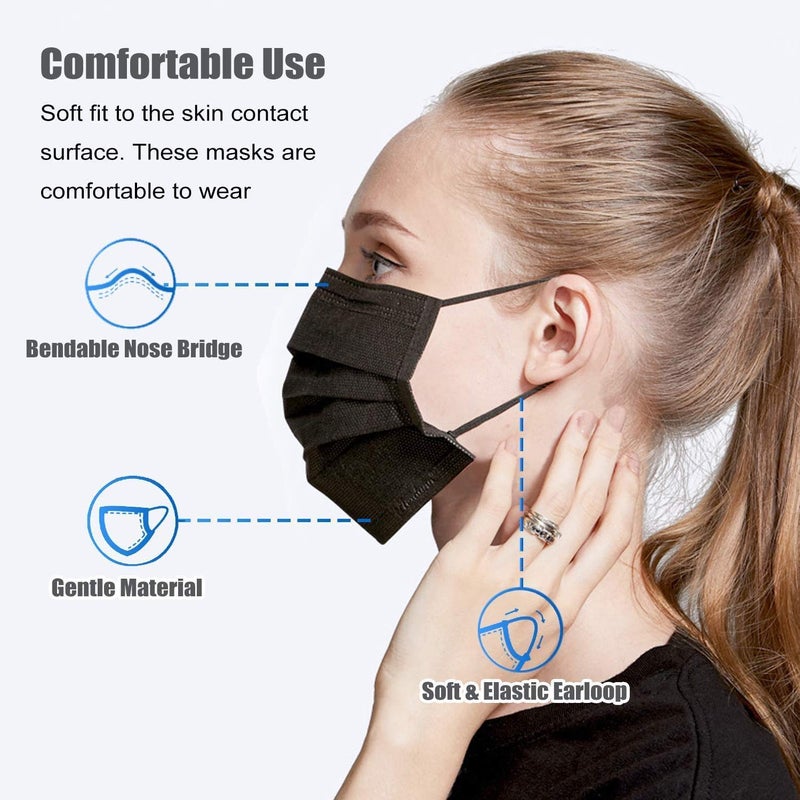 Element Disposable Black Mask 3-Ply Face Masks with Earloops Face Shield - Image 2