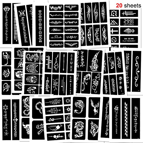 Konsait 123pcs Temporary Tattoos Stencils, 20 Sheets Boys and Man Glitter Tattoo Kit Templates Face Painting Stencil Body Art Stencil Pack for Adults Girls Women Kids Teenager Adultssigns - Image 1