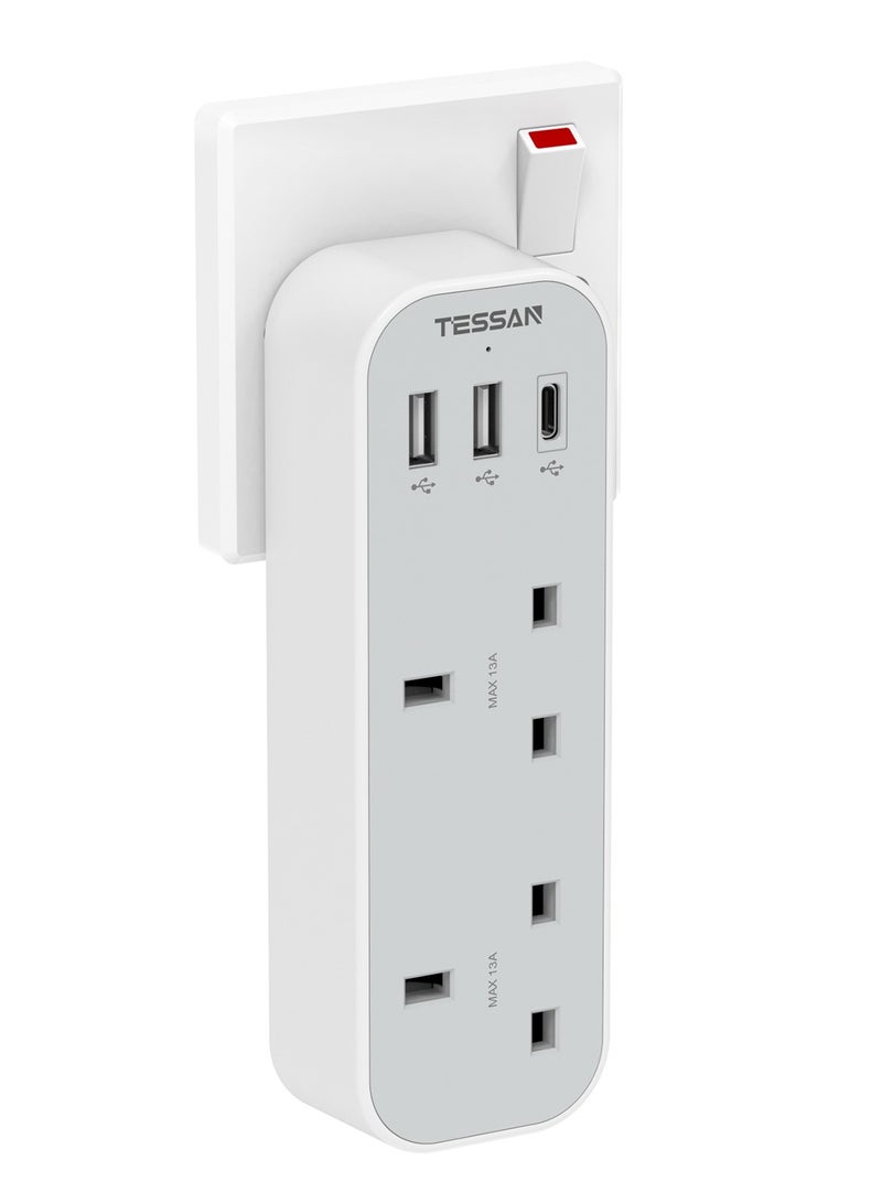TESSAN Multi Plug Extension With 3 USB, Double Plug Adaptor Multi Plug Extension, 2 Way Double Plug With USB C Fast Charger Plug, Slim Multiple Plug Socket AE TESSAN  5 In 1 Multi Plug Extension Socket Multiplug Extender Wall Charger, Universal Plug Adapter, Charging Station For Kitchen, Office, School Supplies White - Image 1