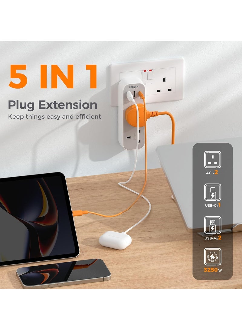 TESSAN Multi Plug Extension With 3 USB, Double Plug Adaptor Multi Plug Extension, 2 Way Double Plug With USB C Fast Charger Plug, Slim Multiple Plug Socket AE TESSAN  5 In 1 Multi Plug Extension Socket Multiplug Extender Wall Charger, Universal Plug Adapter, Charging Station For Kitchen, Office, School Supplies White - Image 2
