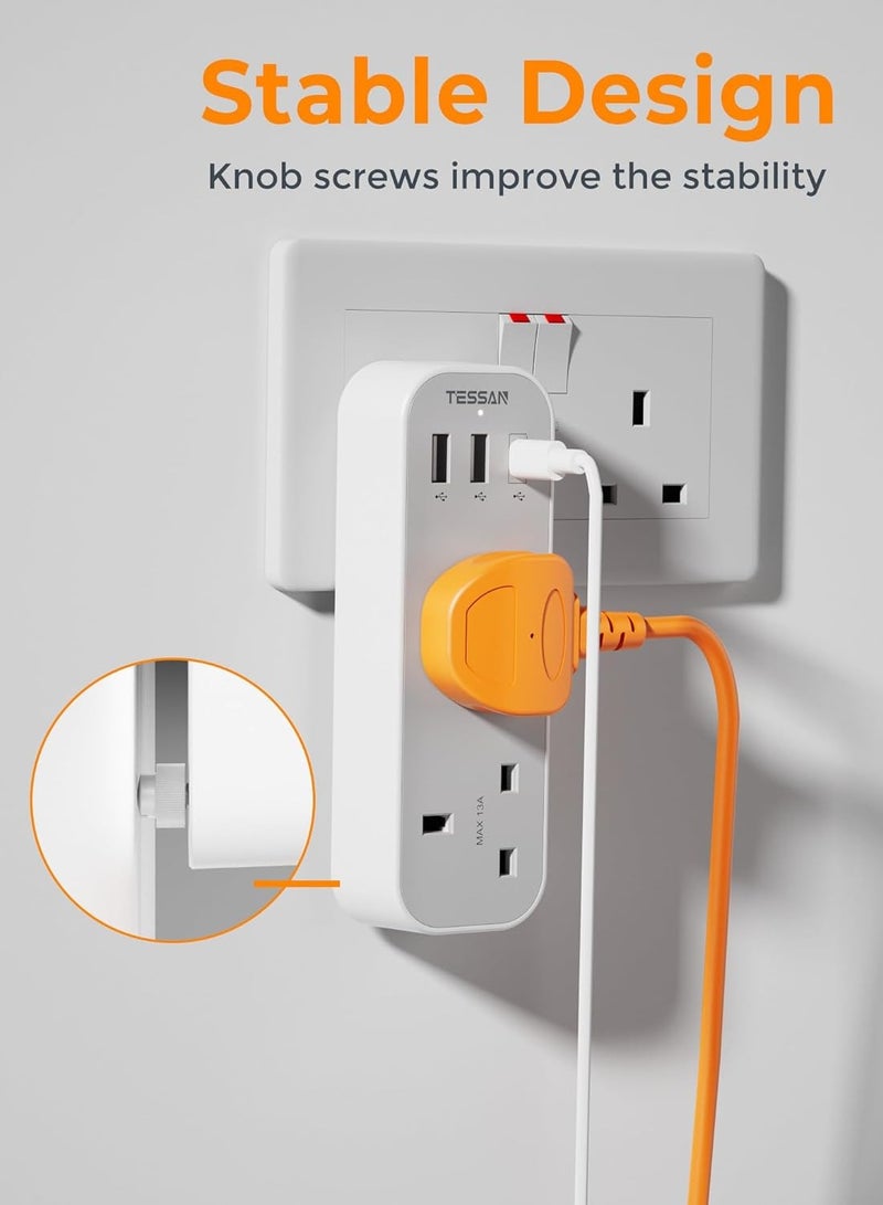 TESSAN Multi Plug Extension With 3 USB, Double Plug Adaptor Multi Plug Extension, 2 Way Double Plug With USB C Fast Charger Plug, Slim Multiple Plug Socket AE TESSAN  5 In 1 Multi Plug Extension Socket Multiplug Extender Wall Charger, Universal Plug Adapter, Charging Station For Kitchen, Office, School Supplies White - Image 3