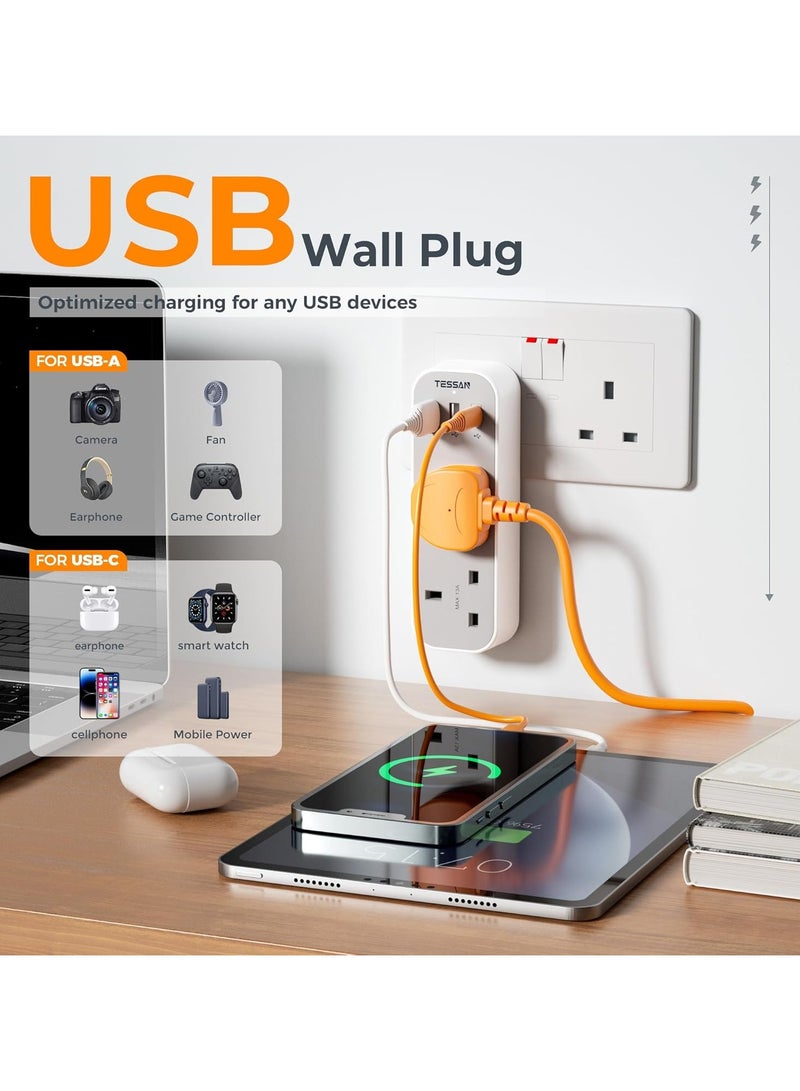 TESSAN Multi Plug Extension With 3 USB, Double Plug Adaptor Multi Plug Extension, 2 Way Double Plug With USB C Fast Charger Plug, Slim Multiple Plug Socket AE TESSAN  5 In 1 Multi Plug Extension Socket Multiplug Extender Wall Charger, Universal Plug Adapter, Charging Station For Kitchen, Office, School Supplies White - Image 4