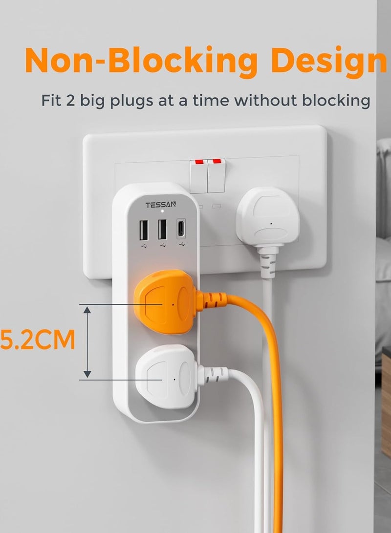 TESSAN Multi Plug Extension With 3 USB, Double Plug Adaptor Multi Plug Extension, 2 Way Double Plug With USB C Fast Charger Plug, Slim Multiple Plug Socket AE TESSAN  5 In 1 Multi Plug Extension Socket Multiplug Extender Wall Charger, Universal Plug Adapter, Charging Station For Kitchen, Office, School Supplies White - Image 5