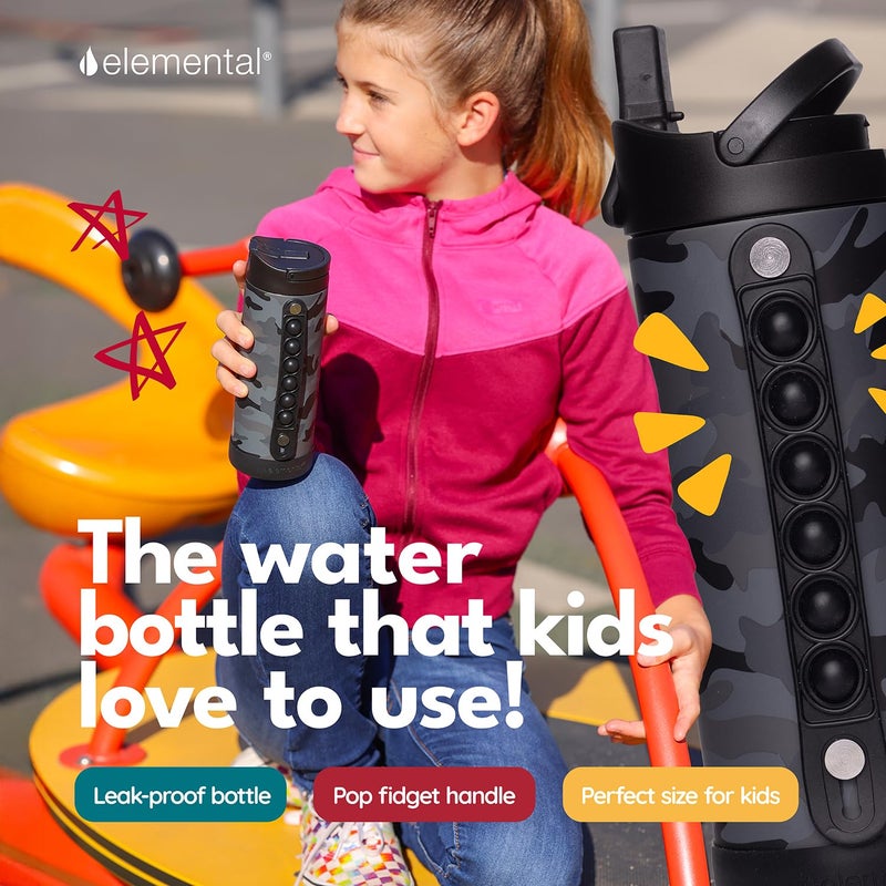 Elemental Iconic Kids Water Bottle with Straw Lid & Stress Relief Pop It Handle, Leak-Proof When Closed, Triple Insulated Kids Stainless Steel Water Bottle For Girls and Boys, 14oz - Black Camo - Image 3