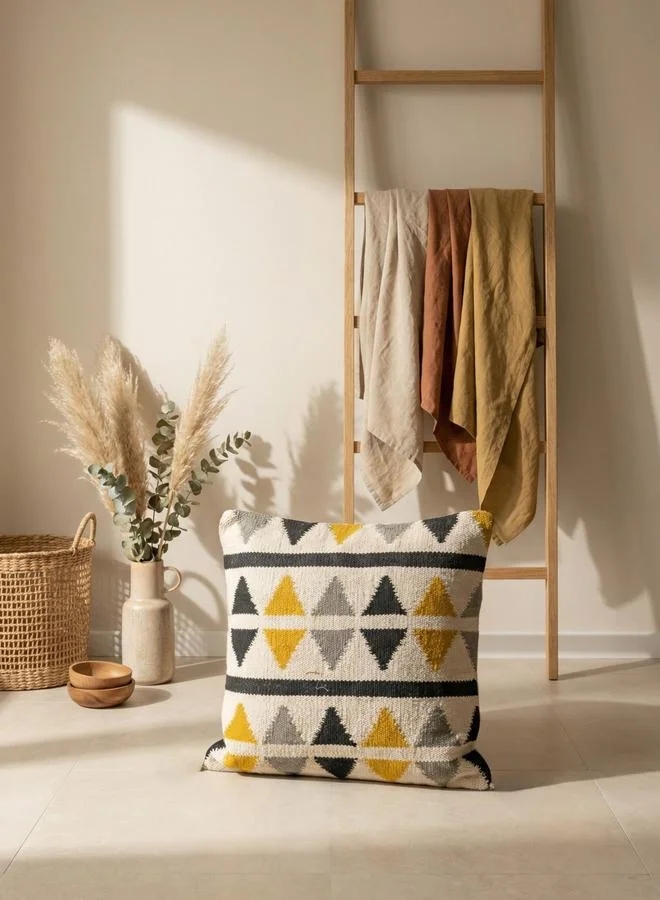 Sanskrutihomes Off White & Black Geo Cotton Square Cushion Cover, Large
