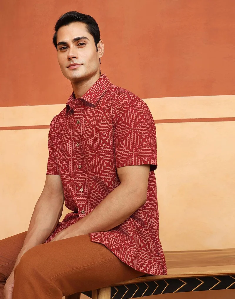 فاب انديا Red Cotton Bagru Printed Bush Shirt