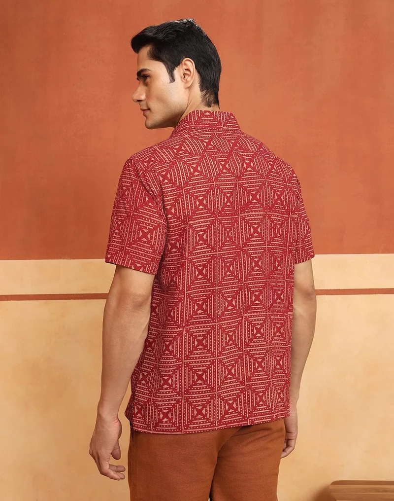 Fabindia  Red Cotton Bagru Printed Bush Shirt for Men | Best Price UAE