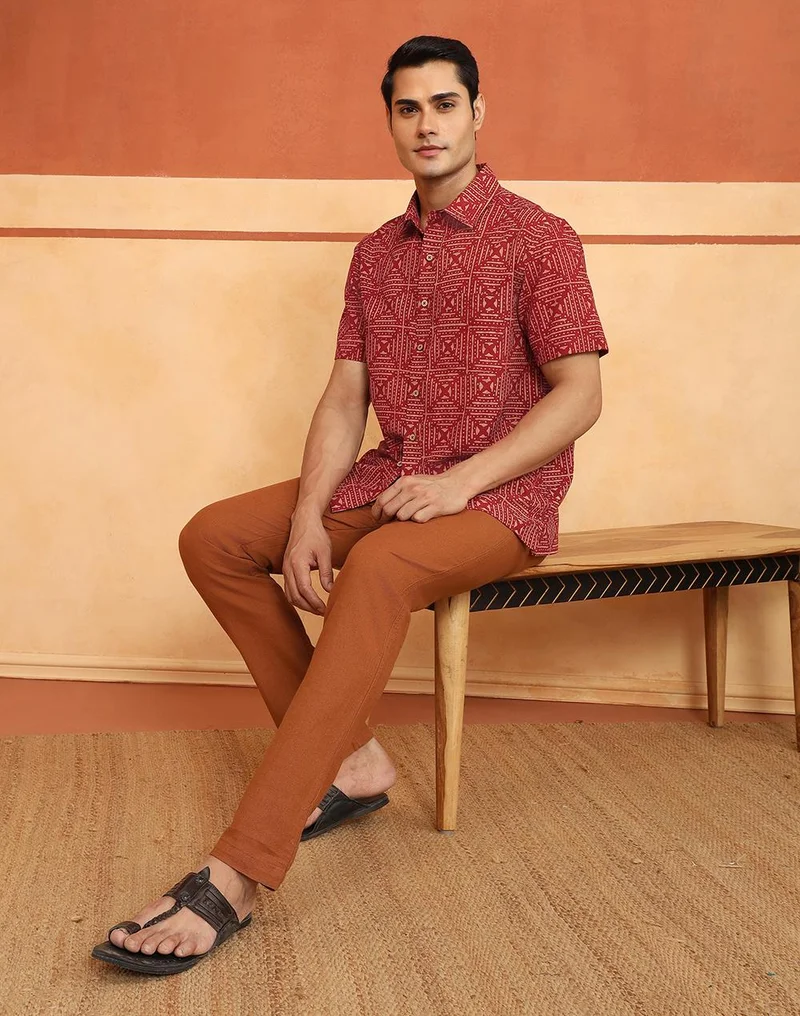 Fabindia  Red Cotton Bagru Printed Bush Shirt for Men | Best Price UAE