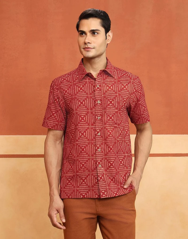 فاب انديا Red Cotton Bagru Printed Bush Shirt