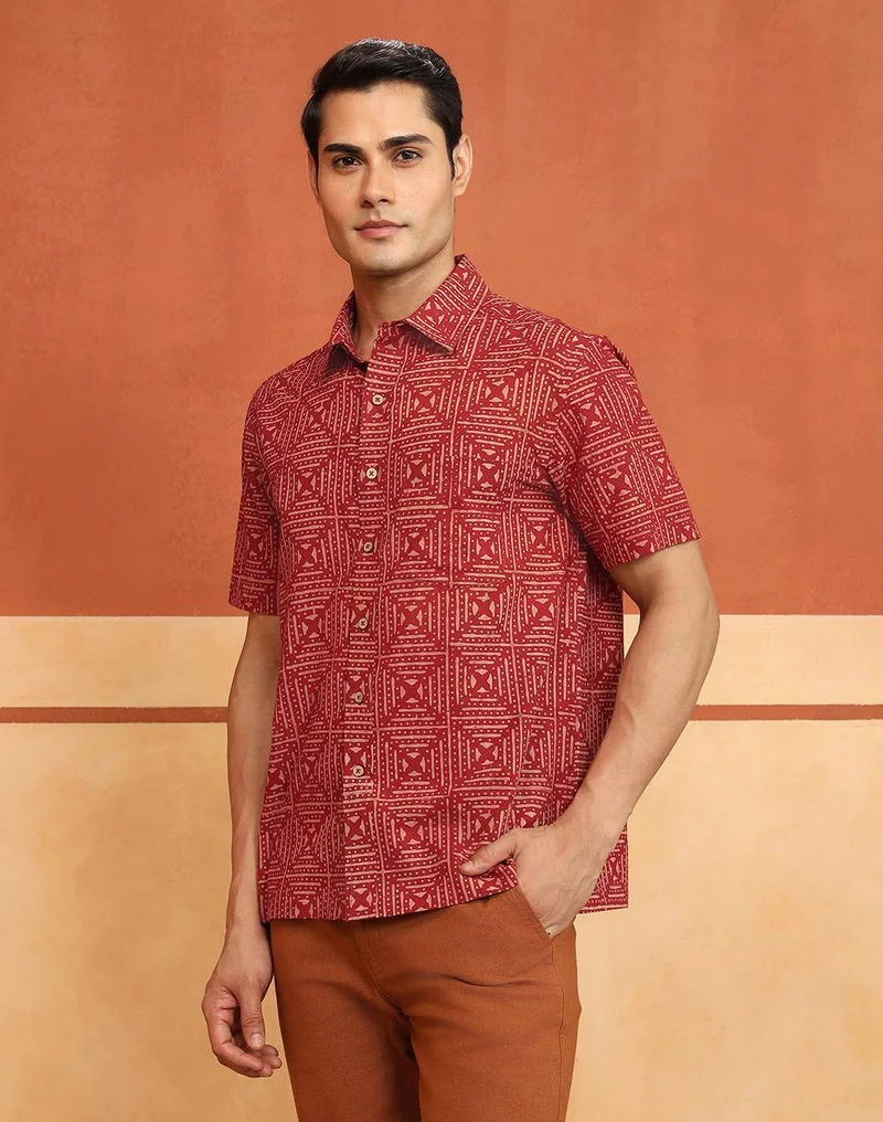 Fabindia  Red Cotton Bagru Printed Bush Shirt for Men | Best Price UAE