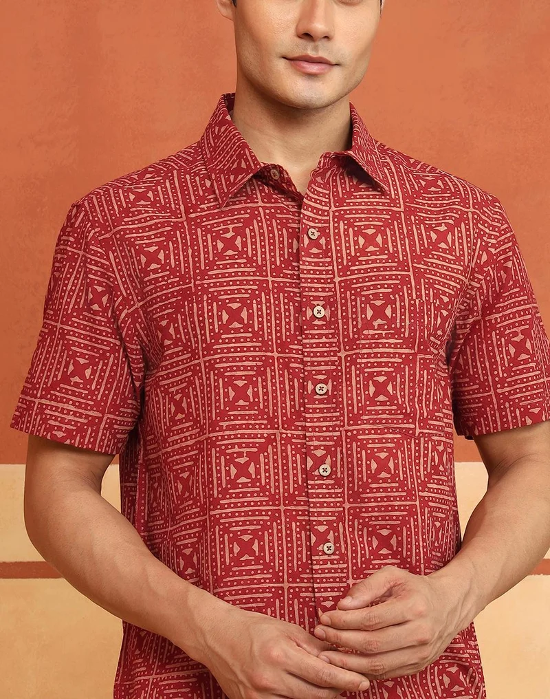 Fabindia  Red Cotton Bagru Printed Bush Shirt for Men | Best Price UAE