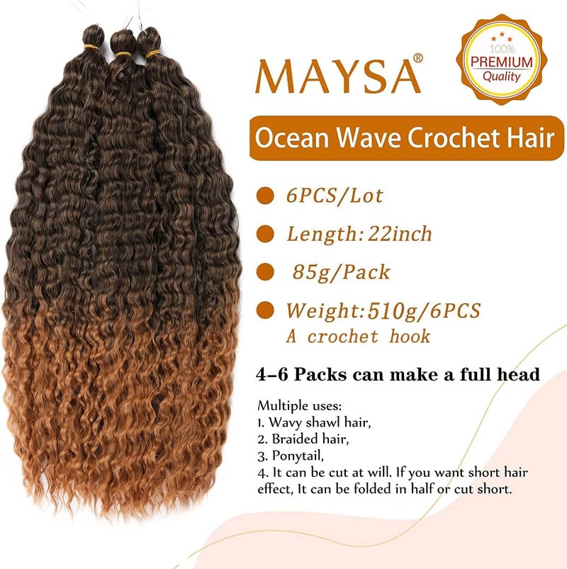 MAYSA Ombre Brown Curly Braiding Crochet Hair 22inch Ocean Wave Crochet Hair Extension Synthetic Brown Crochet Hair for Women 6Packs #1BT30 - Image 2