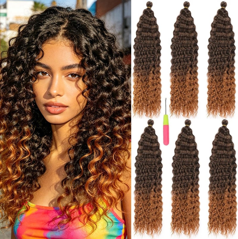MAYSA Ombre Brown Curly Braiding Crochet Hair 22inch Ocean Wave Crochet Hair Extension Synthetic Brown Crochet Hair for Women 6Packs #1BT30 - Image 1