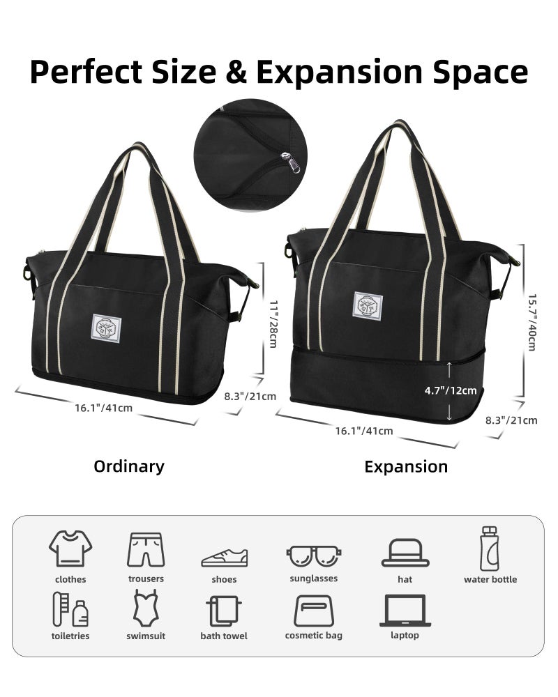 WALNEW Travel Duffel Bag, Weekender Overnight Carry On Bag for Women Men, Foldable Waterproof Gym Luggage with Metal Buckle Detachable Shoulder Strap and Wet Compartment (Black) - Image 3