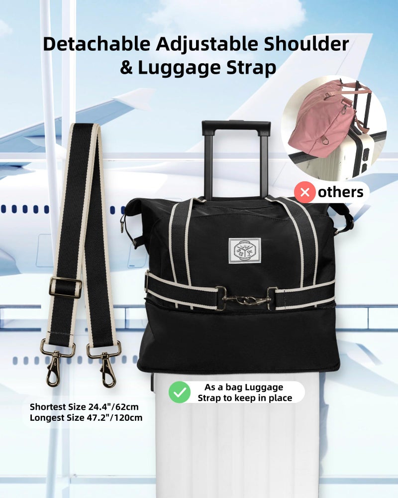 WALNEW Travel Duffel Bag, Weekender Overnight Carry On Bag for Women Men, Foldable Waterproof Gym Luggage with Metal Buckle Detachable Shoulder Strap and Wet Compartment (Black) - Image 4