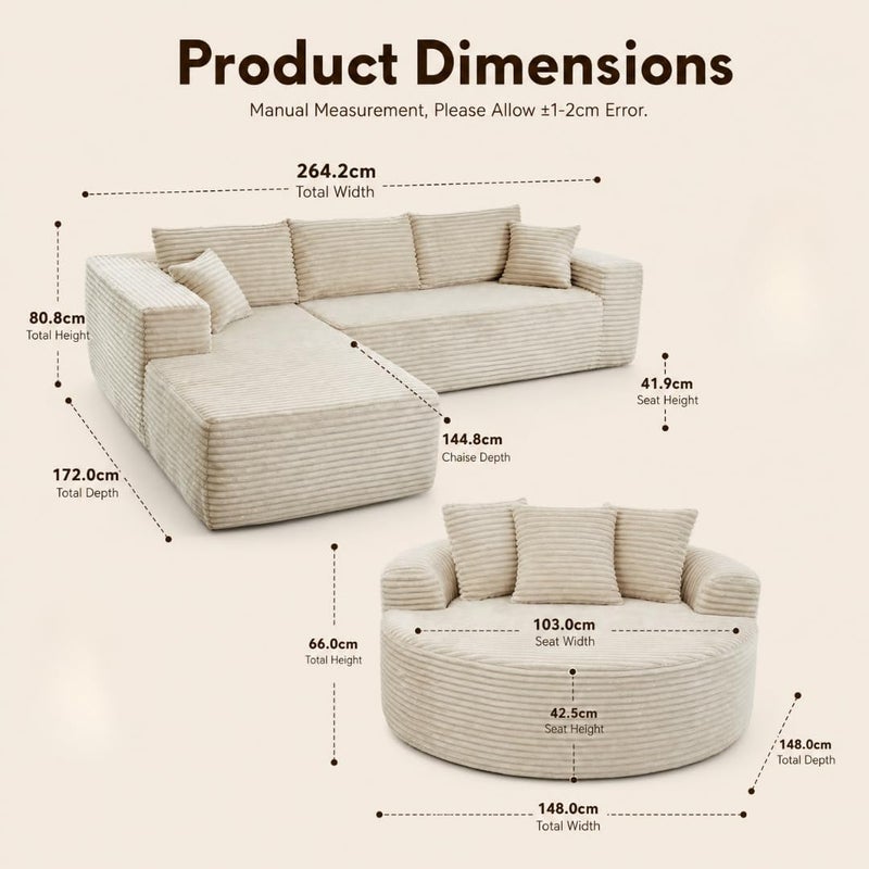 Modern 3-Piece Sectional Sofa Set with Loveseat and Round Chaise Lounge Chair, Plush Corduroy Upholstered L-Shape Couch for Living Room (Beige, Left Hand Facing) - Image 2