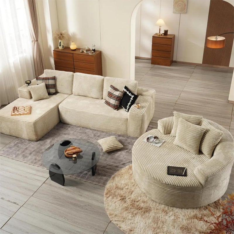 Modern 3-Piece Sectional Sofa Set with Loveseat and Round Chaise Lounge Chair, Plush Corduroy Upholstered L-Shape Couch for Living Room (Beige, Left Hand Facing) - Image 1