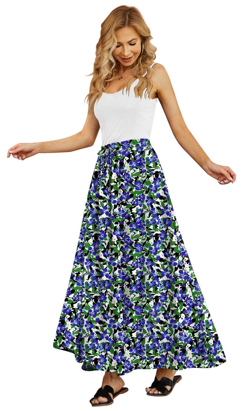 Yincro Women's Flowy Maxi Skirt Summer Pleated High Waisted Casual Long Skirts with Pockets (Blue Green Ditsy Floral, XL) - Image 1