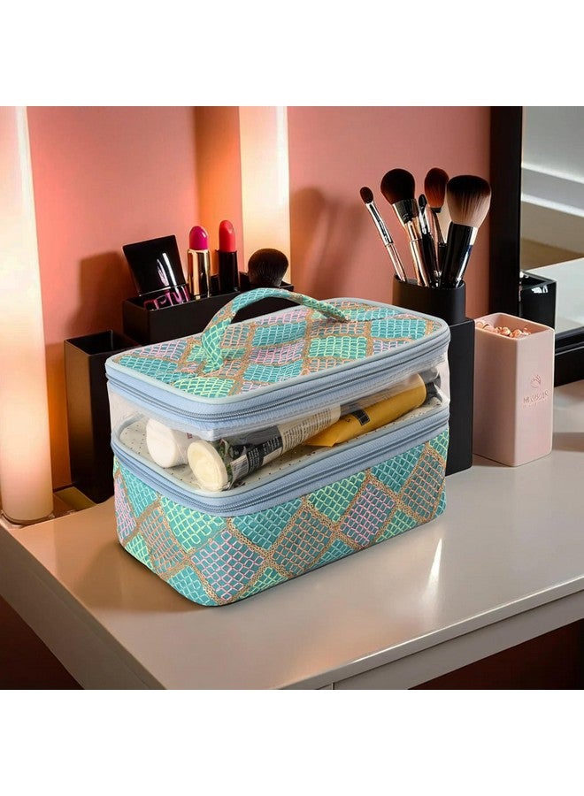 Hearts Travel Storage Organizer | Dual Layer Cosmetic Bag With Handle | Visible Window Jewellery Kit | Toiletries Storage Bag | Travel Makeup Pouch | Check Tiklidesign | Green - Image 1