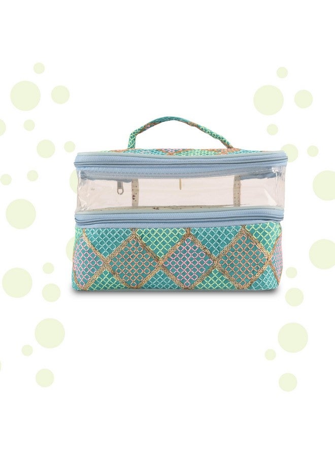 Hearts Travel Storage Organizer | Dual Layer Cosmetic Bag With Handle | Visible Window Jewellery Kit | Toiletries Storage Bag | Travel Makeup Pouch | Check Tiklidesign | Green - Image 2