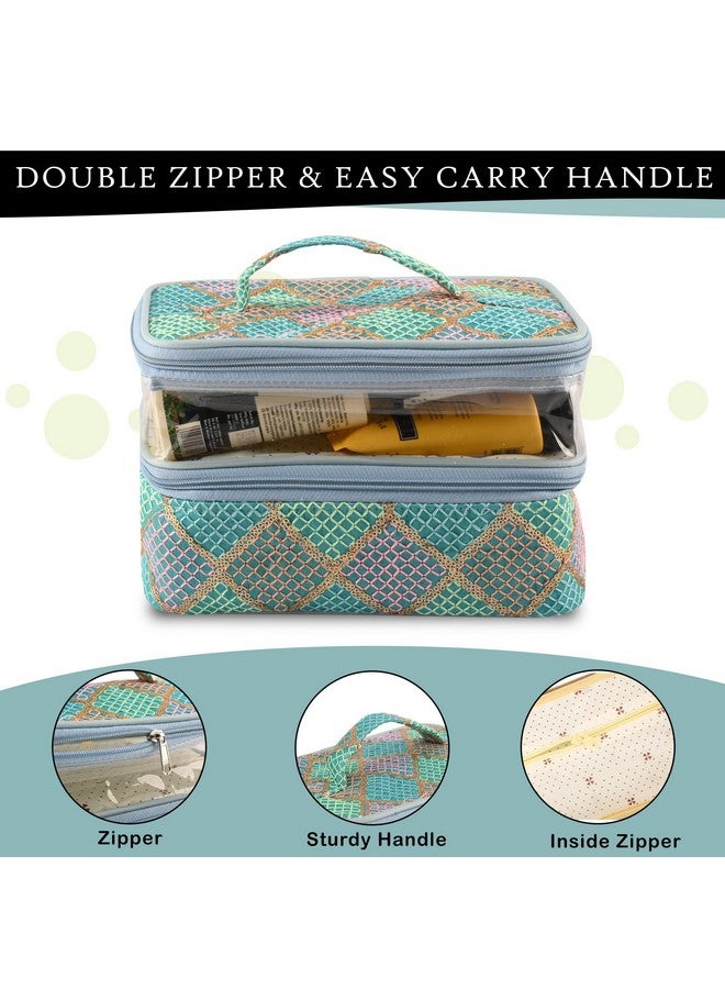 Hearts Travel Storage Organizer | Dual Layer Cosmetic Bag With Handle | Visible Window Jewellery Kit | Toiletries Storage Bag | Travel Makeup Pouch | Check Tiklidesign | Green - Image 5