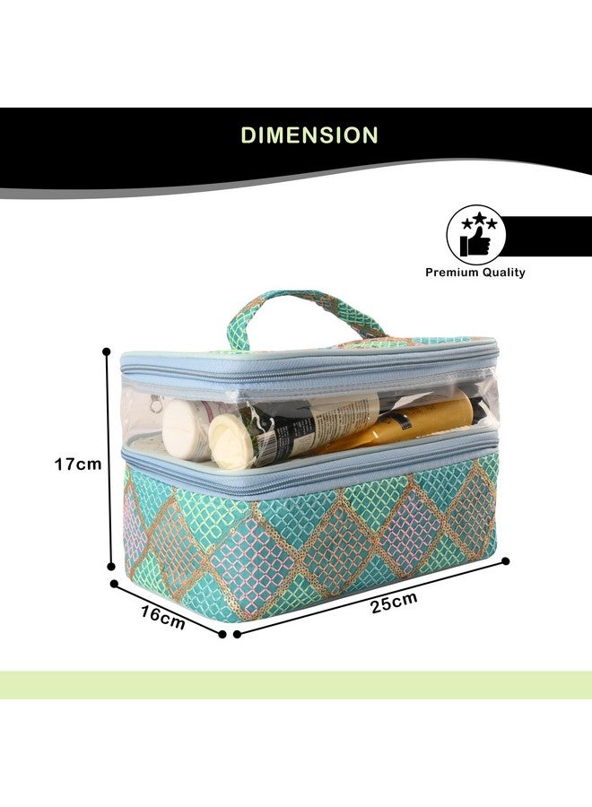 Hearts Travel Storage Organizer | Dual Layer Cosmetic Bag With Handle | Visible Window Jewellery Kit | Toiletries Storage Bag | Travel Makeup Pouch | Check Tiklidesign | Green - Image 3