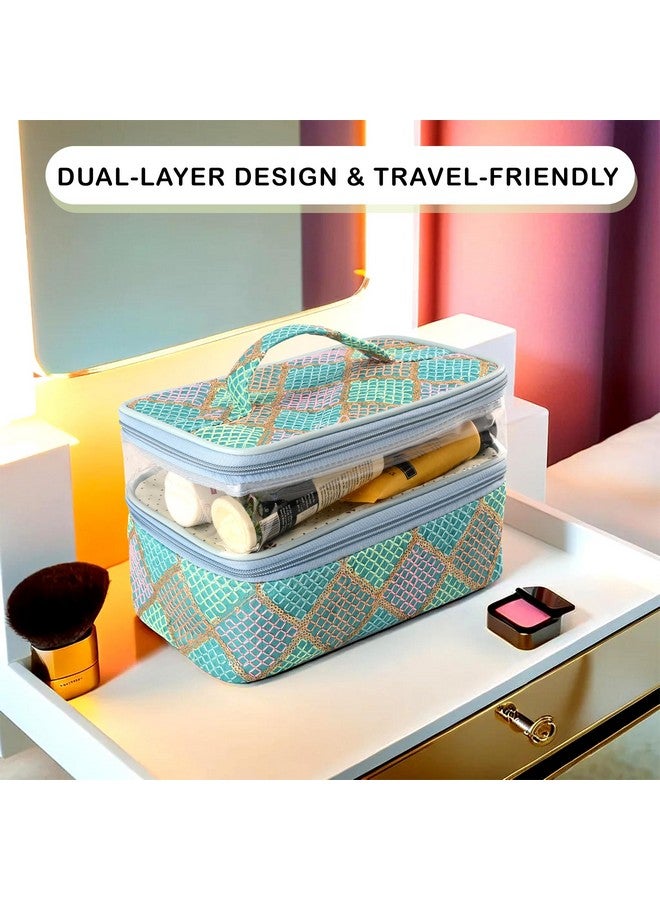 Hearts Travel Storage Organizer | Dual Layer Cosmetic Bag With Handle | Visible Window Jewellery Kit | Toiletries Storage Bag | Travel Makeup Pouch | Check Tiklidesign | Green - Image 4