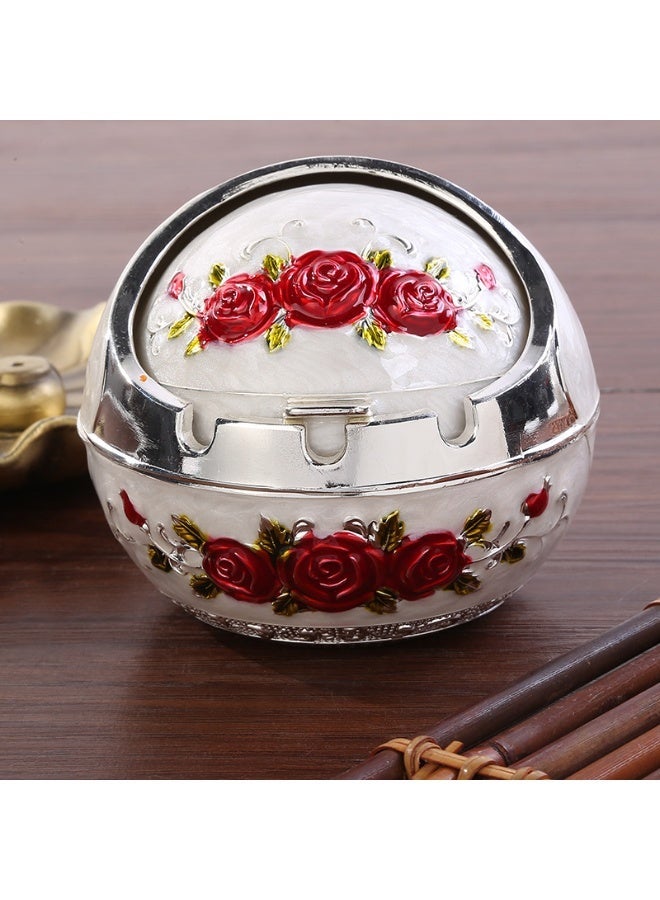 Metal Ashtray with Rose Embossing and Lid, Red Roses - Image 1