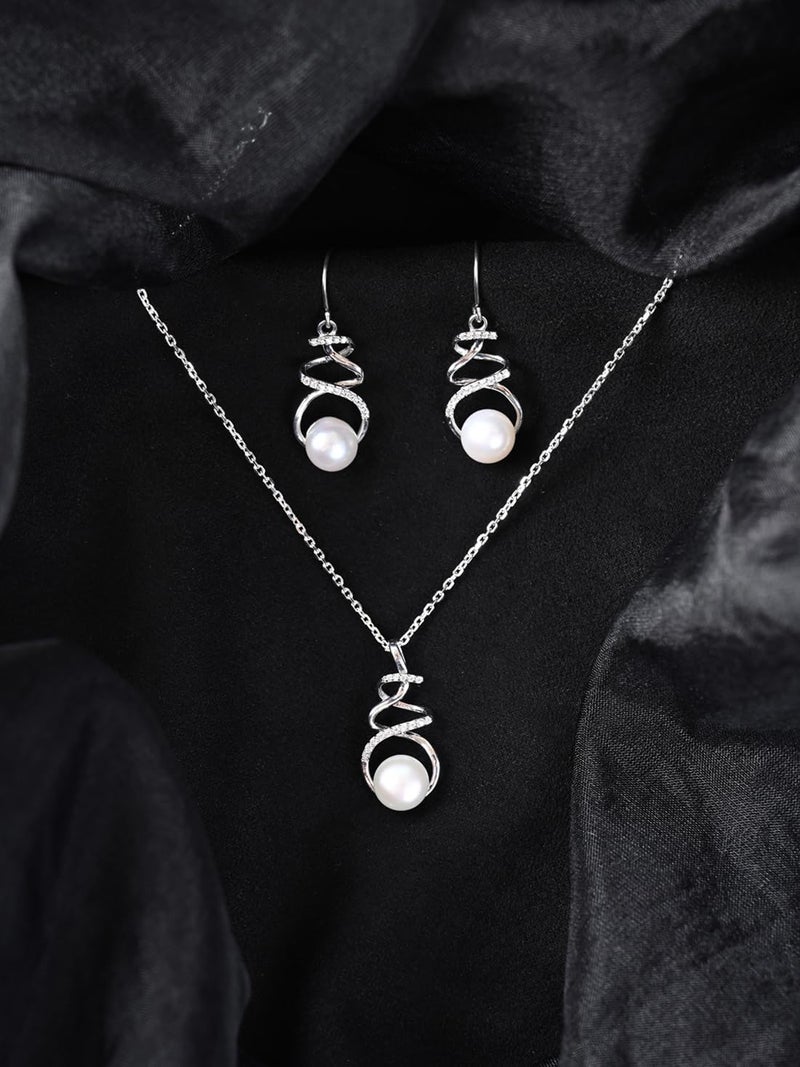 Clara 925 Sterling Silver Morsal Real Pearl Pendant Earrings Chain Necklace Jewellery Set | Platinum Plated, Swiss Zirconia |Gift for Women and Girls - Image 2