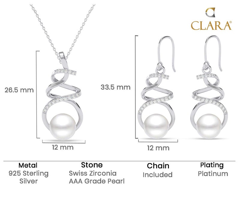 Clara 925 Sterling Silver Morsal Real Pearl Pendant Earrings Chain Necklace Jewellery Set | Platinum Plated, Swiss Zirconia |Gift for Women and Girls - Image 5